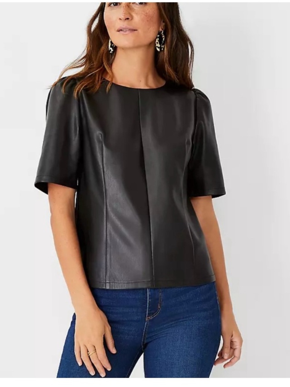 Ann Taylor NWT Faux Leather Puff Sleeve Top Black Petite MP Vegan Leather
